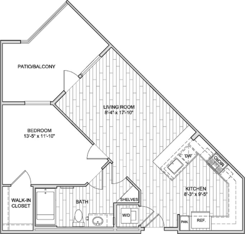Floor plan for 1 bed, 1 bath, 728 sqft